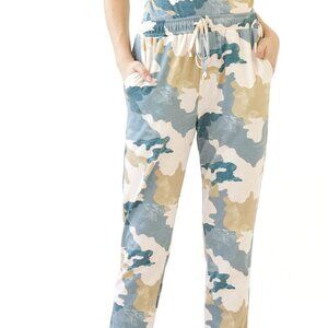 MYSTREE  Camo Jogger Pants, Blue Beige Cream Camouflage Drawstring Lounge Pants